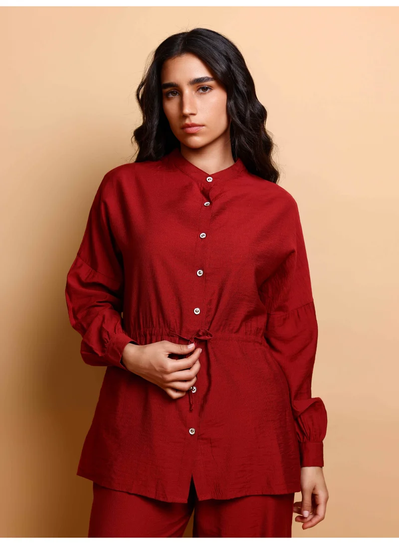 IKKXA Modern Two-Piece Outfit Oversize Shirt and Pants Crystal Embroidery Details IK476 Red